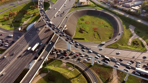 Aerial View of a Freeway Intersection Traffic Trails in Moscow