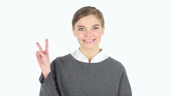 Victory Sign By Woman White Background