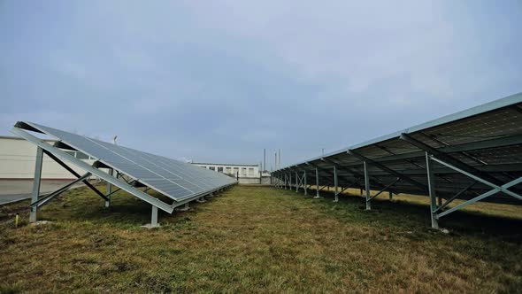 Photovoltaic solar power panel. Solar energy production plant outdoor