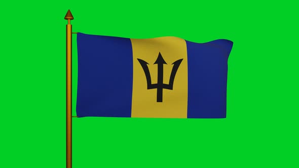 National flag of Barbados waving with flagpole on chroma key, The Broken Trident or Barbados flag