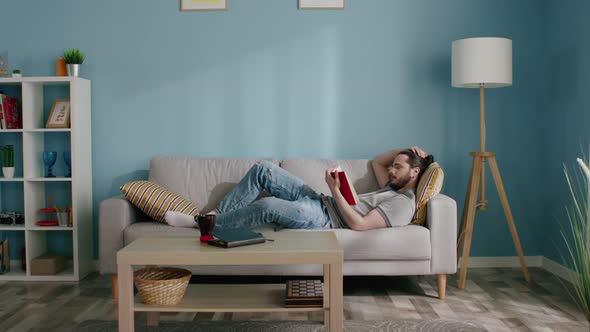 Man Is Reading Book in Living Room