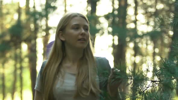 Young Blond Hiker Enjoying Forest Beauty and Smiling, Trekking in Woodland Alone