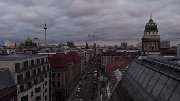 AERIAL: Beautiful Scenic View Over Berlin Mitte Right Before Sunset 