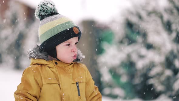 Adorable Portrait of Happy Toddler Boy on Winter Snowfall Background