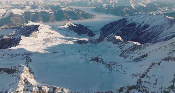 Drone In Winter Over Ski Slope On Kitzsteinhorn Mountain