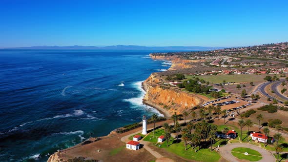 Drone aerial fly away shot of the Lighthouse on a cliff in Rancho Palos Verdes.