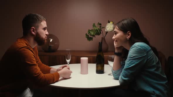 Happy Young Couple Enjoying Talking Having Fun Together Celebrating Valentines Day Dining