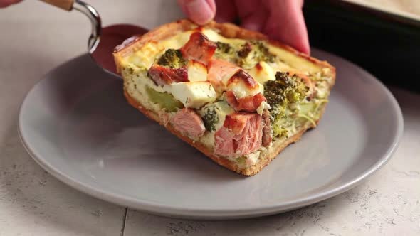 Piece of Quiche Pie with Salmon and Broccoli Gray Plate