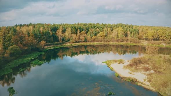 Aerial View Of Autumn River Coasts Landscape