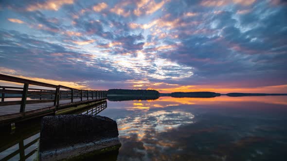 Sunset Sky Over Lake Time Lapse. Clouds Reflecting in Calm Water. Lake Wdzydze, Kashubia,Poland.