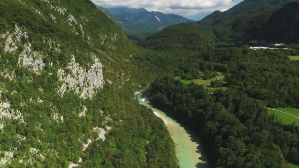 Drone Flight Over River Soca In Mountain Landscape