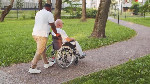 African-American caregiver and old disabled man in a wheelchair. Nurse and patient.