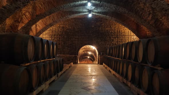 Old Wooden Barrels with Wine in the Ancient Medieval Cellars