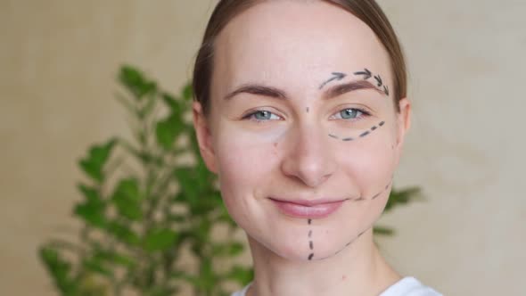 Woman with Dotted Lines on Face, Cosmetology