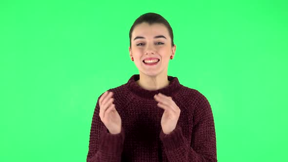 Girl Claps Her Hands with Wow Happy Joy and Delight. Green Screen