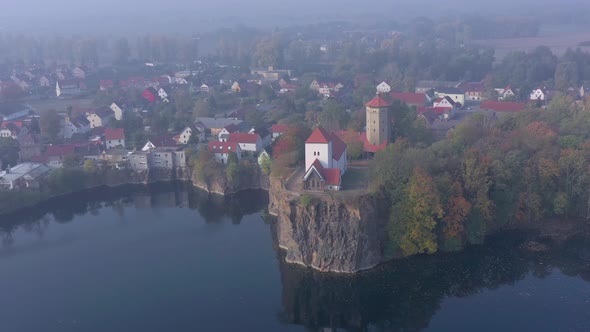 Unique Romantic Heart Shaped Lake on a Foggy Fall Morning