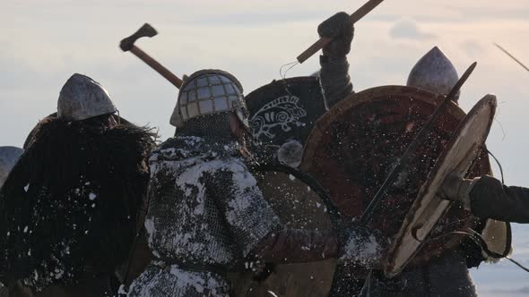 Warriors of Vikings Are Fighting During Attack at Winter Time