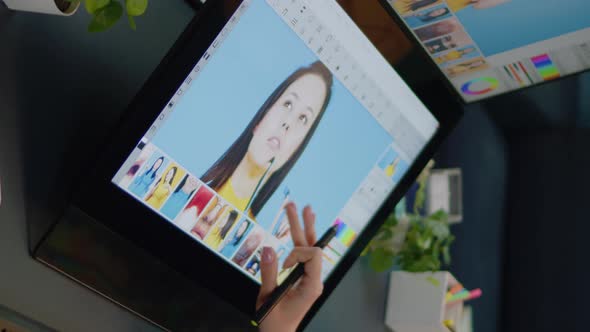 Vertical Video Close Up of Retouching Software on Touch Screen at Studio