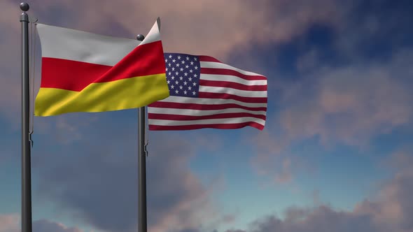 South Ossetia Flag Waving Along With The National Flag Of The USA - 4K