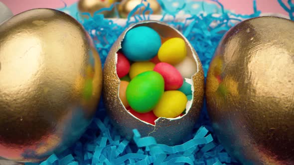 Easter Egg with Colorful Candies in a Basket Close Up