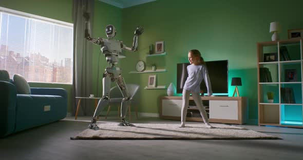 Girl Dancing with Android Friend at Home