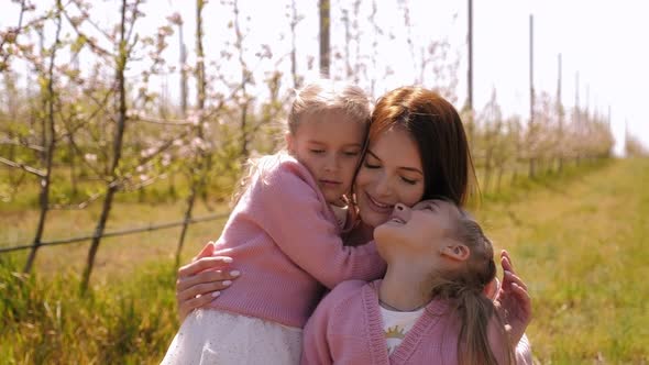 Portrait of a Young Mother with Twin Daughters in a Spring Apple Orchard.