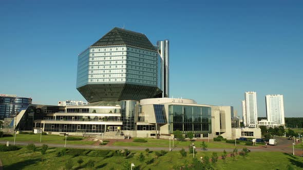 Top View of the National Library and a New Neighborhood with a Park in Minsk