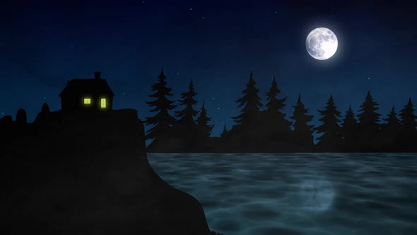 Night Sky Scene Moon River House in Hill