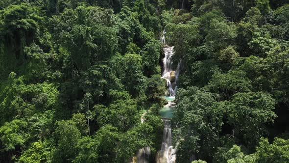 Aerial View Of Luang Prabang'S Highlight, The Kuang Si Waterfalls In Laos With Surrounding Jungle