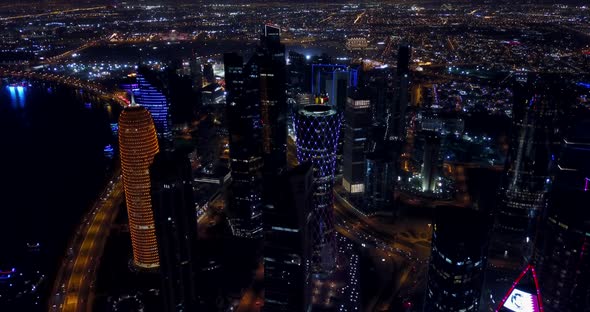 Doha at night, top view, night city lights, Qatar aerial