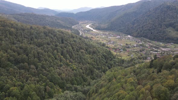 Aerial View of the Village in the Carpathian Mountains in Autumn. Ukraine