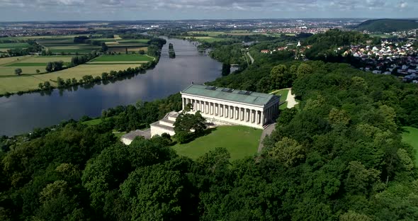 Beautiful drone video above the monument of Walhalla.