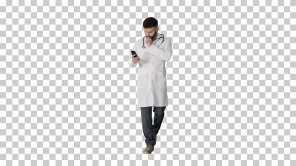Male doctor in white medical uniform walking, Alpha Channel