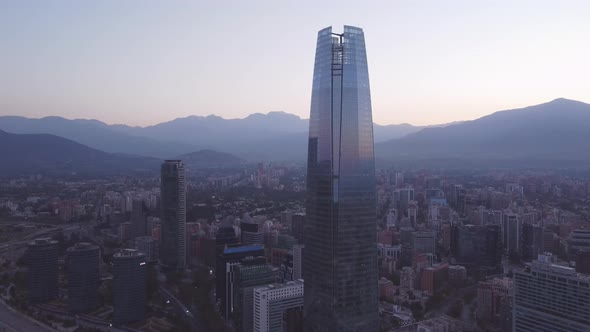Aerial view of sunrise in the modern city of Santiago, Chile.