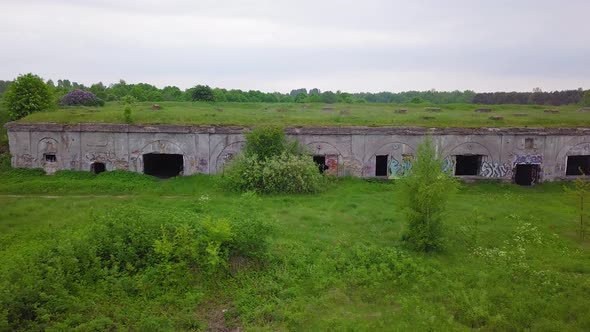 Aerial view of abandoned concrete seaside fortification building, Southern Forts near the beach of B