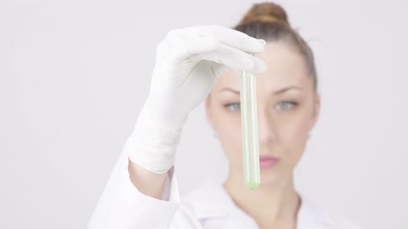 Female Research Scientist Checking Yellow Green Chemical Liquid in Test Tube