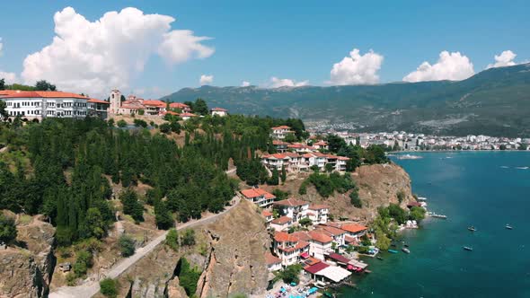 Aerial shot of Macedonia coast. Ohrid City, clif and beautiful water around Ohrid Lake in Southern E