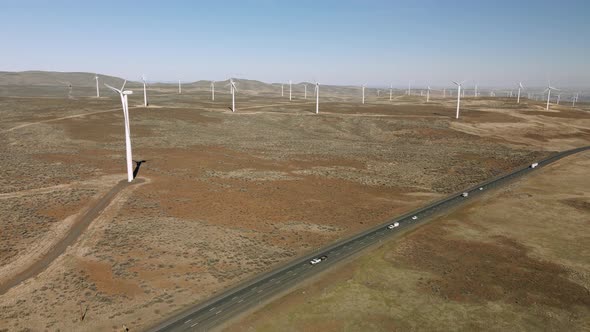 Wild Horse Wind Farm Aerial Roadside View Of Spinning Turbines In Eastern Washington