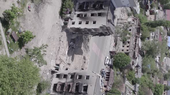 Vertical Video of a Multistorey Building Destroyed During the War in Ukraine