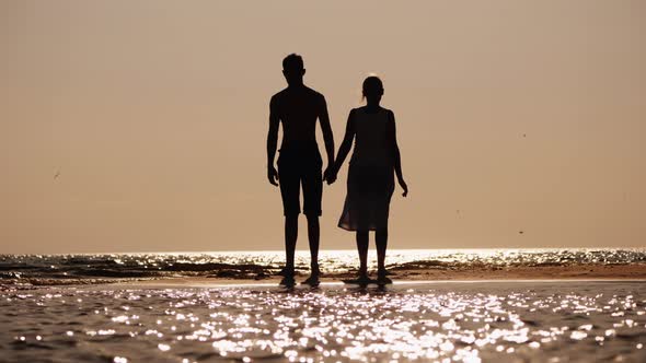 A Man and a Woman Stand on the Beach, Holding Hands