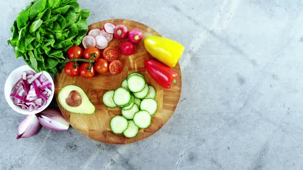 Chopped vegetables on chopping boar