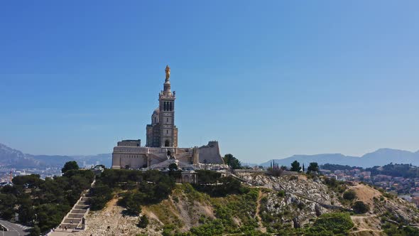 Aerial View Shot From Flying Drone of Marseille French City Picturesque Hilltop Island Medieval