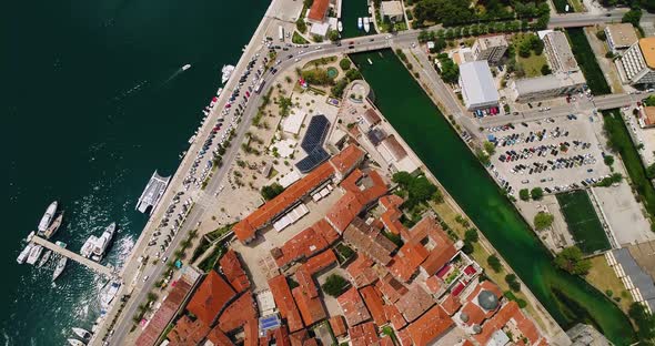 Beautiful Red Roofs in the Old Town in Kotor Aerial Top View