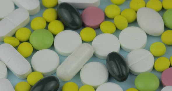 Many Different Spinning Pills and Drugs. Medicine, Pills and Tablets Turning