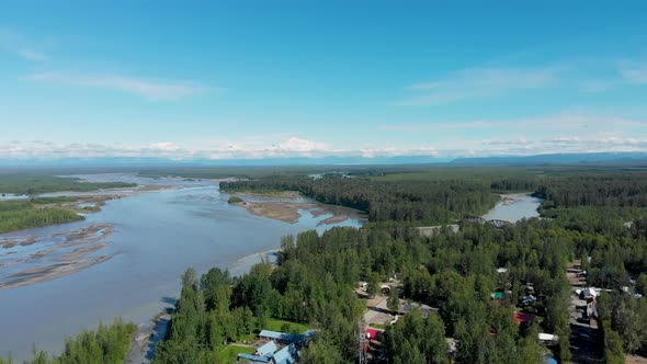 4K Drone Video of Talkeetna, AK along the Susitna River with Denali Mountain in Distance on Sunny Su