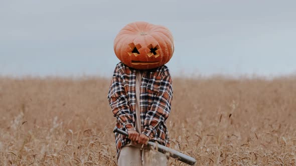 A Woman or a Man with a Big Halloween Pumpkin on His Head in a Shirt Behaves Funny on Camera Fooling