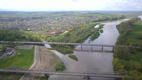 Aerial View of Dnister River and Two Bridges in Town of Halych in Ukraine