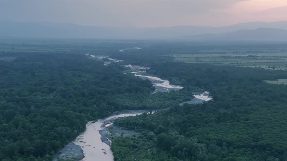 Flying over Alazani river at sunset. Kvareli, Georgia 2022 summer