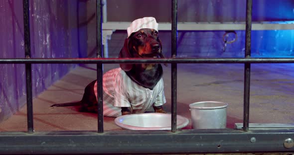 A Dachshund Puppy Sits in a Cage in Prison Clothes in Front of a Plate and a Mug and is Sad From