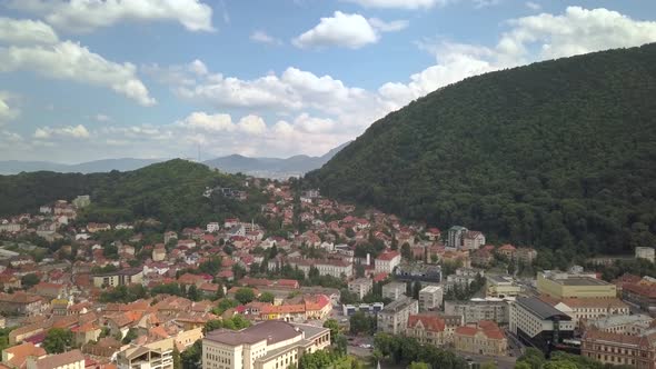 Aerial view of Brasov city, medieval town situated in Transylvania, Romania. Old architecture